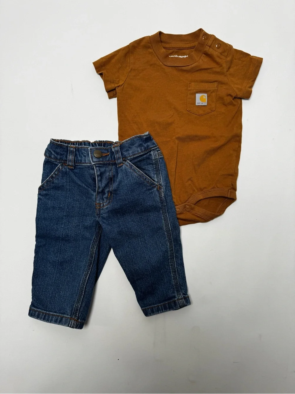 Carhartt Brown Short-Sleeve Onesie with Denim Carpenter Jeans